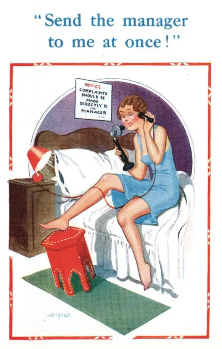 Framed Print : Comic postcard, Dissatisfied hotel guest Framed Print : Comic postcard, Dissatisfied hotel guest