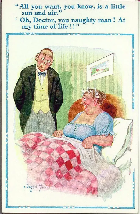 Framed Print : Comic postcard, Doctor on home visit to woman Date: 20th century Framed Print : Comic postcard, Doctor on home visit to woman Date: 20th century