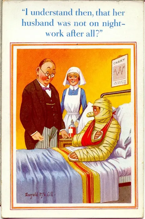 Framed Print : Comic postcard, Doctor, nurse and bandaged patient Framed Print : Comic postcard, Doctor, nurse and bandaged patient