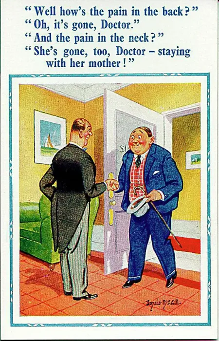: Comic postcard, Doctor and patient - two types of pain Date: 20th century : Comic postcard, Doctor and patient - two types of pain Date: 20th century