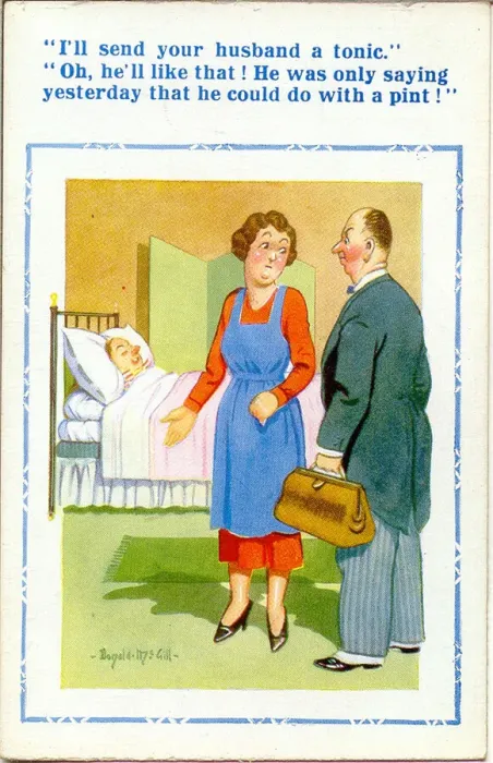 Framed Print : Comic postcard, Doctor visits patient, wife misunderstands Framed Print : Comic postcard, Doctor visits patient, wife misunderstands