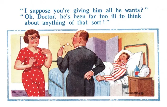 Framed Print : Comic postcard, Doctor visits sick man, wife misunderstands Framed Print : Comic postcard, Doctor visits sick man, wife misunderstands