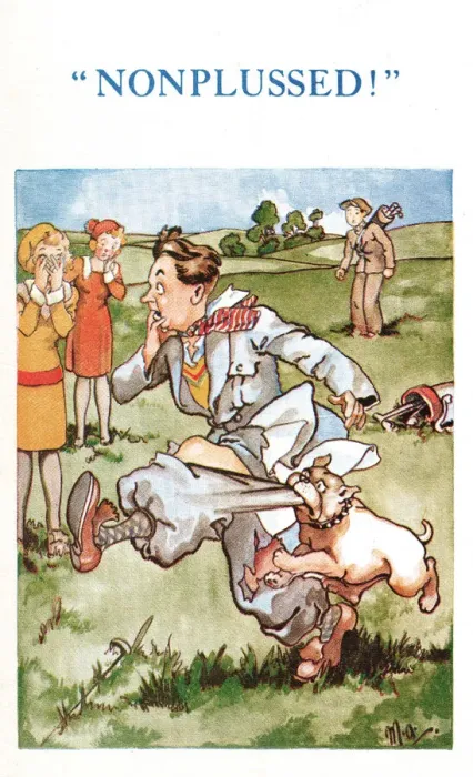 Framed Print : Comic postcard, dog attack on golf course - Nonplussed! Date: 20th century Framed Print : Comic postcard, dog attack on golf course - Nonplussed! Date: 20th century