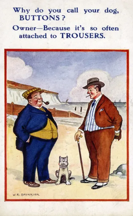 Framed Print : Comic Postcard - Dog called Buttons Framed Print : Comic Postcard - Dog called Buttons
