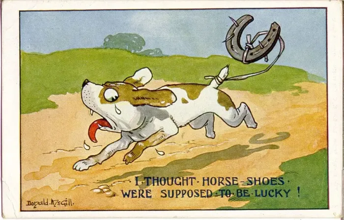 Framed Print : Comic postcard, Dog with horseshoe tied to tail Framed Print : Comic postcard, Dog with horseshoe tied to tail
