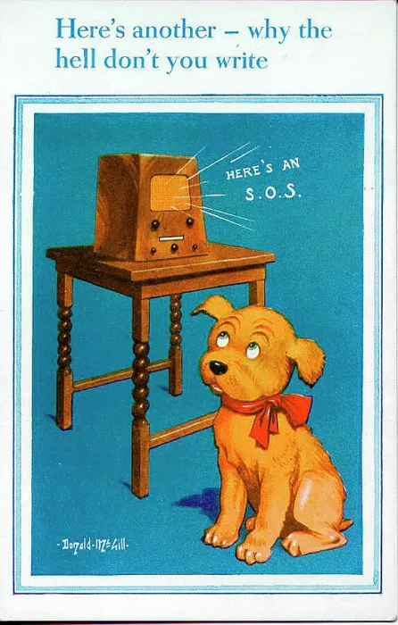 Framed Print : Comic postcard, Dog listening to the radio, in a parody of the HMV logo. Date: circa 1940s Framed Print : Comic postcard, Dog listening to the radio, in a parody of the HMV logo. Date: circa 1940s