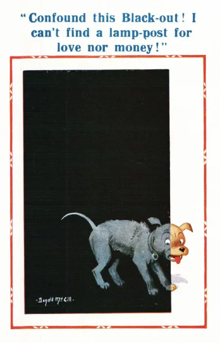 Framed Print : Comic postcard, dog looks for lamp post in blackout, WW2 Date: circa 1940s Framed Print : Comic postcard, dog looks for lamp post in blackout, WW2 Date: circa 1940s