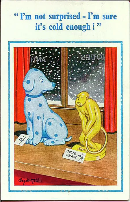 : Comic postcard, Dog and monkey ornaments - cold weather Date: 20th century : Comic postcard, Dog and monkey ornaments - cold weather Date: 20th century