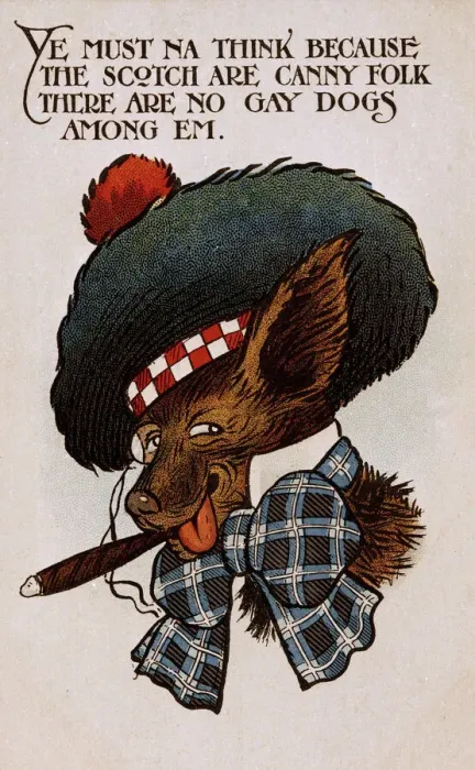 Framed Print : Comic postcard, dog in Scottish costume Framed Print : Comic postcard, dog in Scottish costume