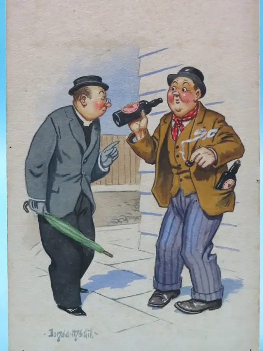 Framed Print : Comic postcard, Drinking man and vicar Framed Print : Comic postcard, Drinking man and vicar