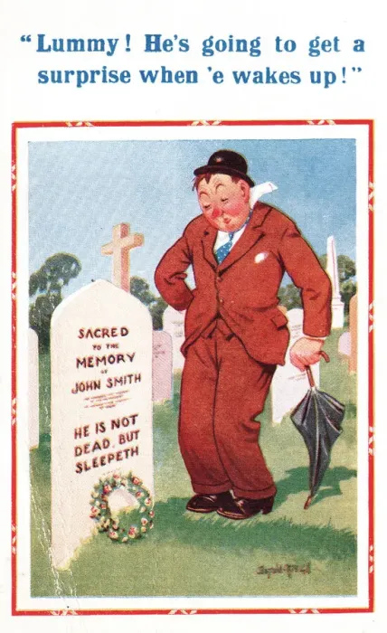 Framed Print : Comic postcard, drunkard in cemetery Framed Print : Comic postcard, drunkard in cemetery