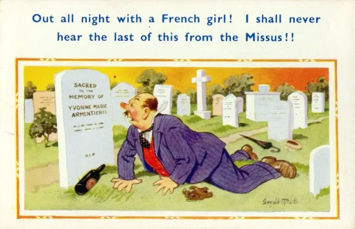 Framed Print : Comic postcard, drunkard in cemetery Date: 20th century Framed Print : Comic postcard, drunkard in cemetery Date: 20th century