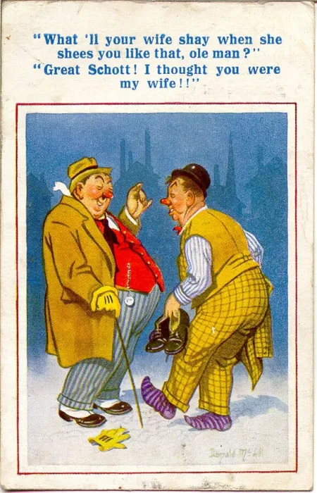 Framed Print : Comic postcard, Two drunkards chatting Date: 20th century Framed Print : Comic postcard, Two drunkards chatting Date: 20th century