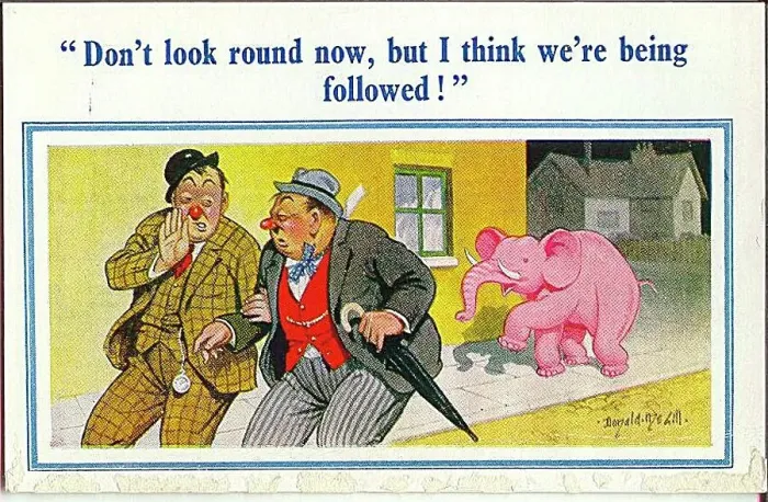 : Comic postcard, Two drunkards followed by pink elephant : Comic postcard, Two drunkards followed by pink elephant