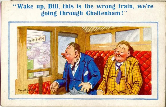 Framed Print : Comic postcard, Two drunkards on a train Framed Print : Comic postcard, Two drunkards on a train
