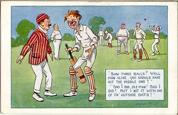 Comic postcard, Drunken batsman who saw three balls Date: 20th century
