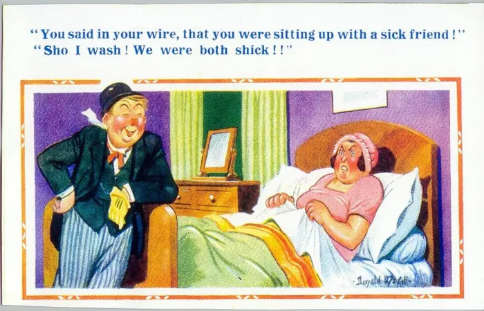 Framed Print : Comic postcard, Drunken husband arrives home Framed Print : Comic postcard, Drunken husband arrives home