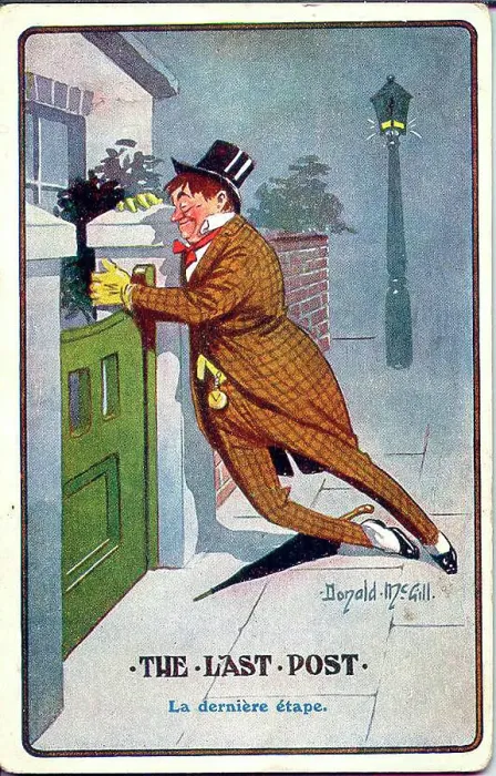 Framed Print : Comic postcard, Drunken man arriving home - The last post. Date: early 20th century Framed Print : Comic postcard, Drunken man arriving home - The last post. Date: early 20th century