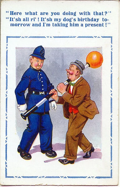 Comic postcard, Drunken man with Belisha beacon and policeman Date: circa 1930s