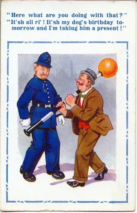 Framed Print : Comic postcard, Drunken man with Belisha beacon and policeman Date: circa 1930s