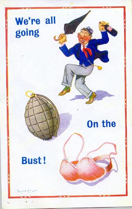 Framed Print : Comic postcard, Drunken man with bottle - We re all going Bang on the Bust Framed Print : Comic postcard, Drunken man with bottle - We re all going Bang on the Bust