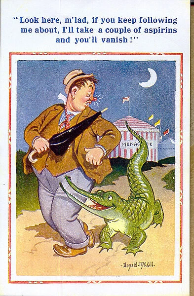 Comic postcard, Drunken man with crocodile Date: 20th century