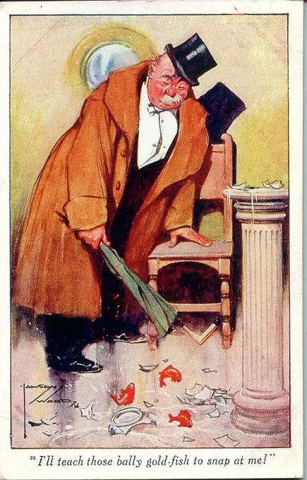 Framed Print : Comic postcard, Drunken man and goldfish Date: early 20th century Framed Print : Comic postcard, Drunken man and goldfish Date: early 20th century