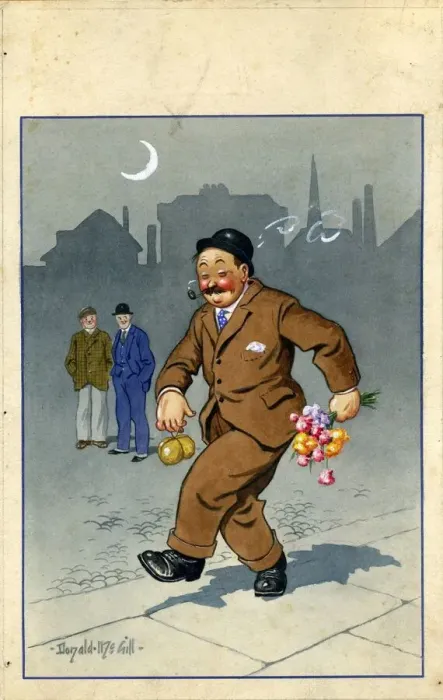 Framed Print : Comic postcard, Drunken man with parcel and bunch of flowers in the moonlight Date Framed Print : Comic postcard, Drunken man with parcel and bunch of flowers in the moonlight Date