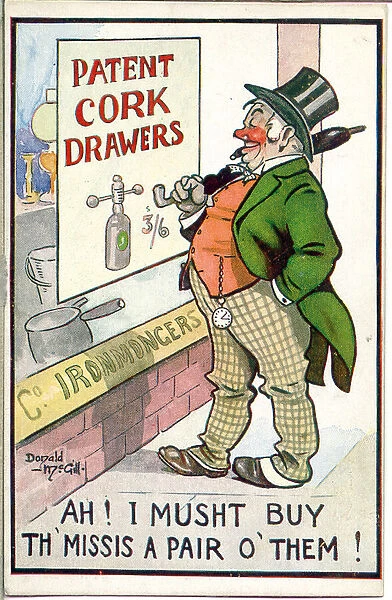 Comic postcard, Drunken man, patent cork drawers Date: 20th century
