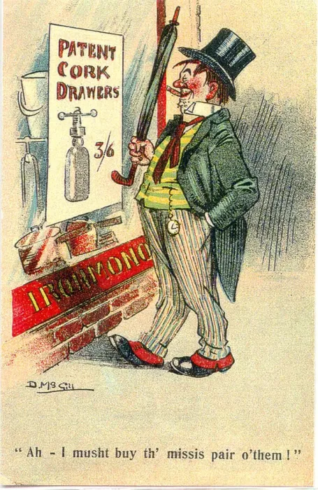 Framed Print : Comic postcard, Drunken man, patent cork drawers Date: 20th century Framed Print : Comic postcard, Drunken man, patent cork drawers Date: 20th century