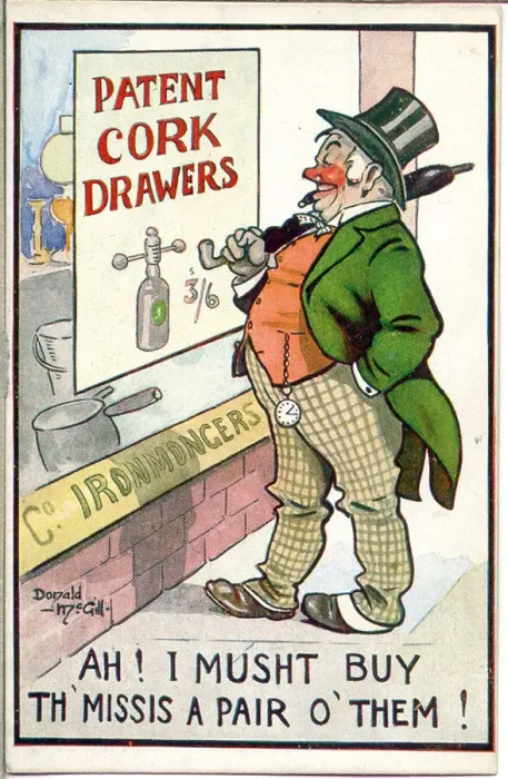 Framed Print : Comic postcard, Drunken man, patent cork drawers Date: 20th century Framed Print : Comic postcard, Drunken man, patent cork drawers Date: 20th century