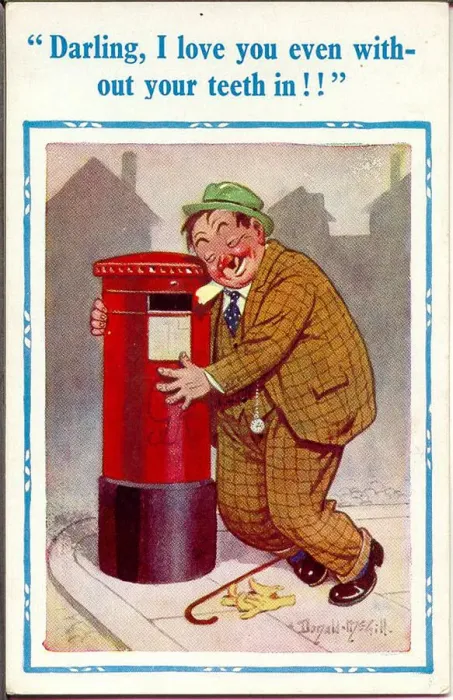 Framed Print : Comic postcard, Drunken man with pillar box Date: 20th century Framed Print : Comic postcard, Drunken man with pillar box Date: 20th century
