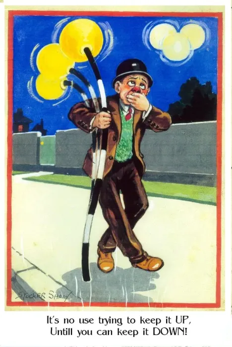 Framed Print : Comic postcard, Drunken man in the street, hanging onto a belisha beacon Framed Print : Comic postcard, Drunken man in the street, hanging onto a belisha beacon