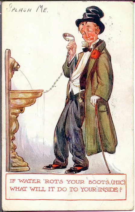 Framed Print : Comic postcard, Drunken man and water fountain - If water rots your boots, what will it do to your inside? Date: early 20th century Framed Print : Comic postcard, Drunken man and water fountain - If water rots your boots, what will it do to your inside? Date: early 20th century