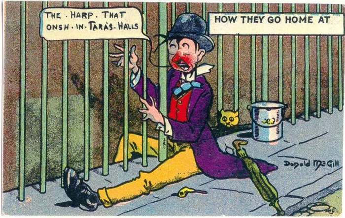 Framed Print : Comic postcard, Drunken man on his way home, playing the railings like a harp Date Framed Print : Comic postcard, Drunken man on his way home, playing the railings like a harp Date