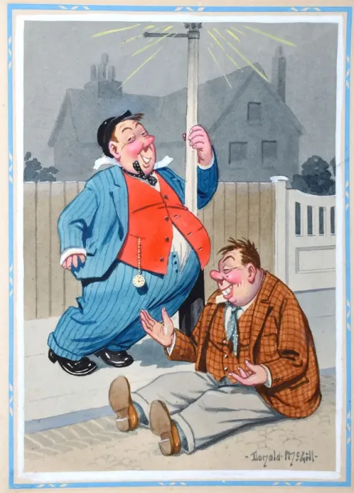 Framed Print : Comic postcard, Two drunken men in the street Date: 20th century Framed Print : Comic postcard, Two drunken men in the street Date: 20th century