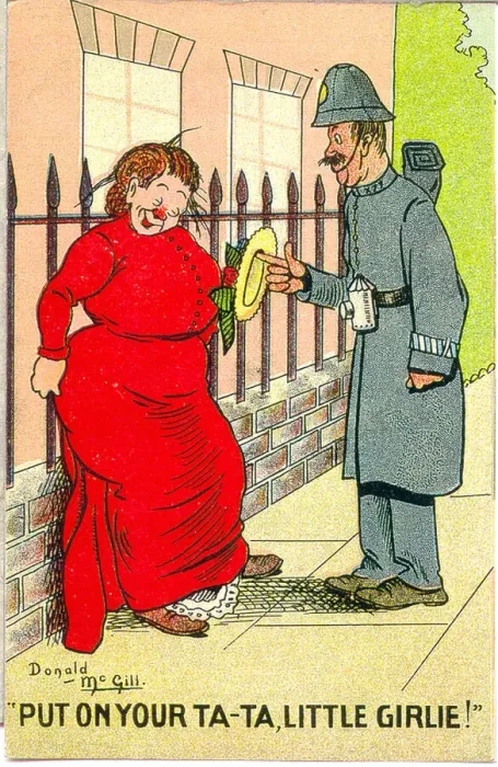 Framed Print : Comic postcard, Drunken woman and policeman Framed Print : Comic postcard, Drunken woman and policeman
