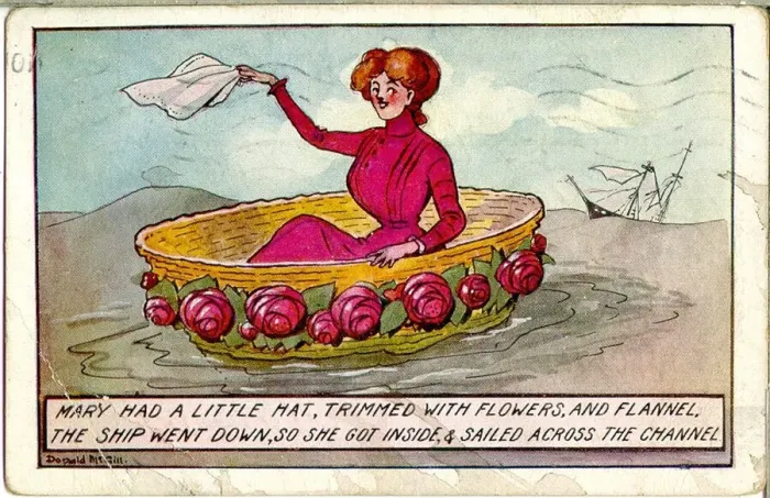 Framed Print : Comic postcard, Edwardian woman at sea in large hat Framed Print : Comic postcard, Edwardian woman at sea in large hat