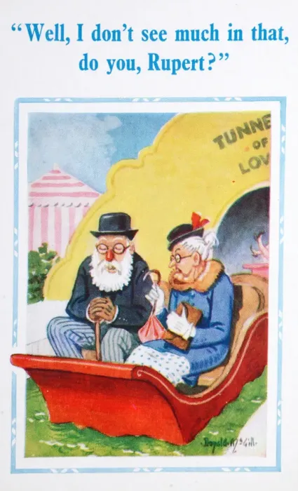 Framed Print : Comic postcard, Elderly couple emerge from Tunnel of Love Date: circa 1961 Framed Print : Comic postcard, Elderly couple emerge from Tunnel of Love Date: circa 1961