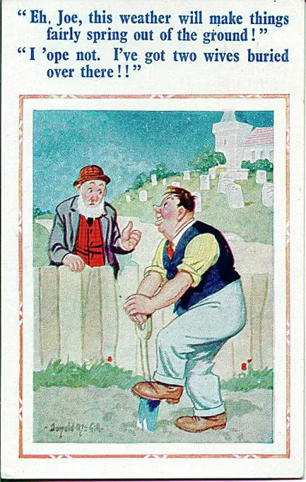 : Comic postcard, Elderly man and man digging garden Date: 20th century : Comic postcard, Elderly man and man digging garden Date: 20th century