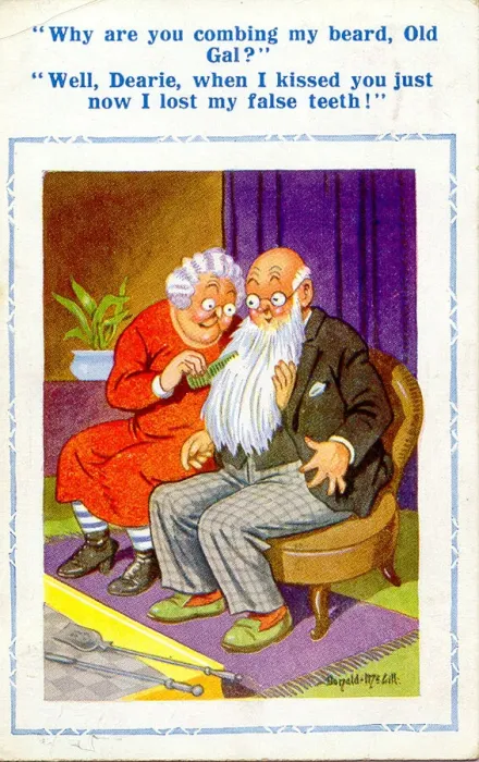 Framed Print : Comic postcard, Elderly woman combing mans beard Date: 20th century Framed Print : Comic postcard, Elderly woman combing mans beard Date: 20th century