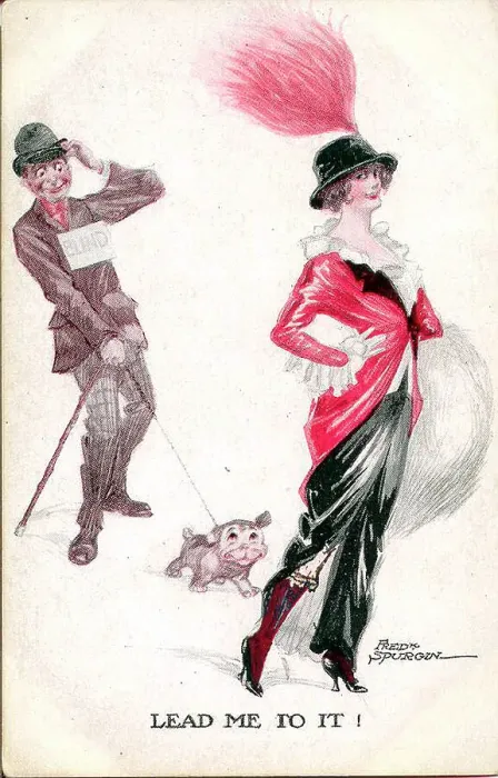 Framed Print : Comic postcard, Elegant woman and blind man with dog - Lead me to it! Date: early 20th century Framed Print : Comic postcard, Elegant woman and blind man with dog - Lead me to it! Date: early 20th century