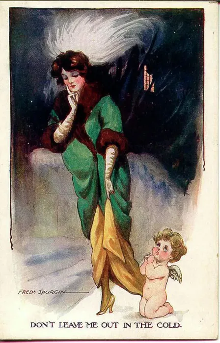Framed Print : Comic postcard, Elegant woman and cupid - Don't leave me out in the cold Date: early 20th century