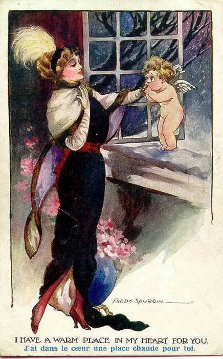 Framed Print : Comic postcard, Elegant woman and cupid - I have a warm place in my heart for you Date: early 20th century Framed Print : Comic postcard, Elegant woman and cupid - I have a warm place in my heart for you Date: early 20th century
