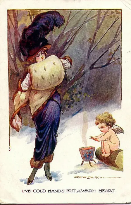 Framed Print : Comic postcard, Elegant woman and cupid - I've cold hands but a warm heart Date: early 20th century