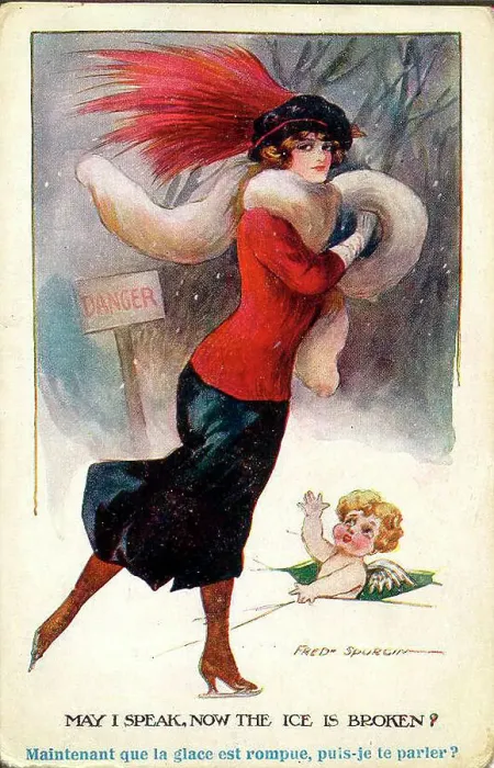 Framed Print : Comic postcard, Elegant woman and cupid - May I speak, now the ice is broken? Date: early 20th century Framed Print : Comic postcard, Elegant woman and cupid - May I speak, now the ice is broken? Date: early 20th century