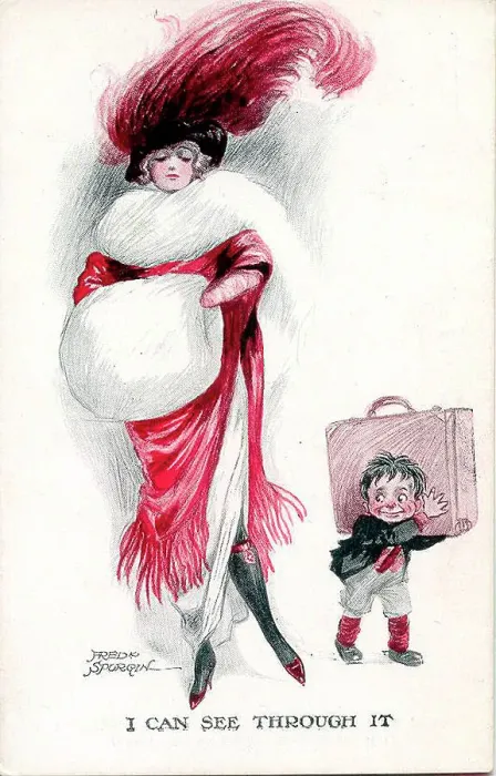 Framed Print : Comic postcard, Elegant woman and little boy with suitcase - I can see through it Date: early 20th century Framed Print : Comic postcard, Elegant woman and little boy with suitcase - I can see through it Date: early 20th century