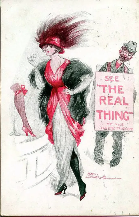 Framed Print : Comic postcard, Elegant woman and sandwich board man - See the real thing Date: early 20th century Framed Print : Comic postcard, Elegant woman and sandwich board man - See the real thing Date: early 20th century
