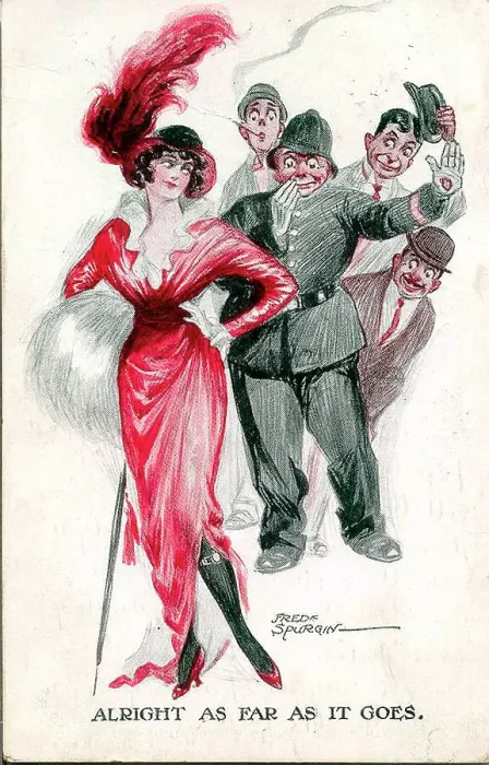 Framed Print : Comic postcard, Elegant woman watched by four men - Alright as far as it goes Date: early 20th century Framed Print : Comic postcard, Elegant woman watched by four men - Alright as far as it goes Date: early 20th century
