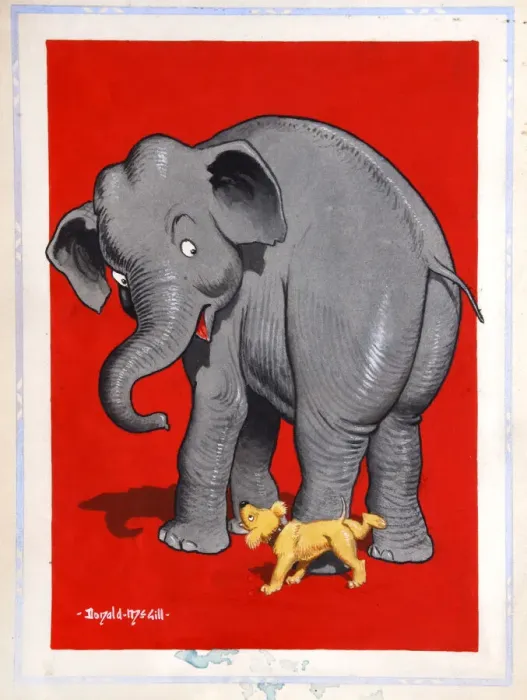 Framed Print : Comic postcard, Elephant and dog Framed Print : Comic postcard, Elephant and dog